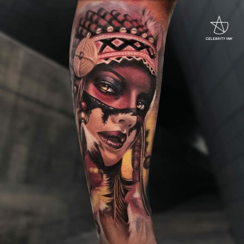 Realistic female portrait tattoo with vibrant colors