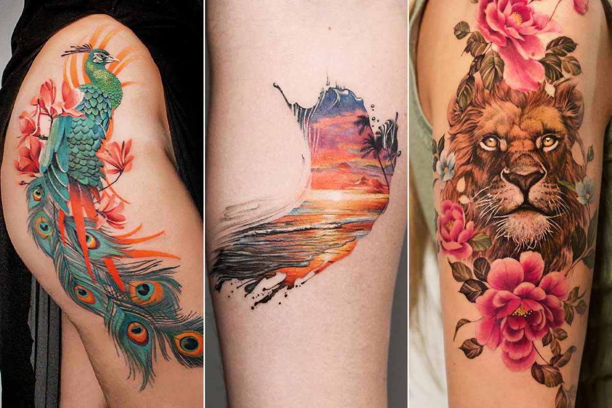 Vibrant watercolor style tattoo of a peacock